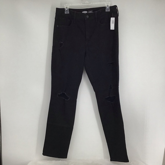 Old Navy High Rise power Slim Straight Distressed Jeans Black NWT Size 12 - Picture 1 of 7